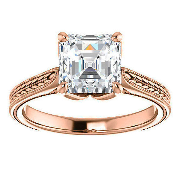 Asscher Vintage-Style Engraved Ring with Tulip Prongs