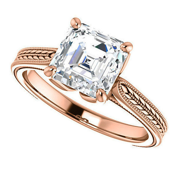 Asscher Vintage-Style Engraved Ring with Tulip Prongs