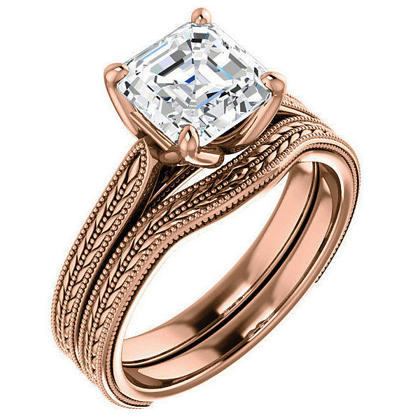 Asscher Vintage-Style Engraved Ring with Tulip Prongs