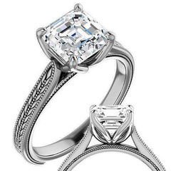 Asscher Vintage-Style Engraved Ring with Tulip Prongs