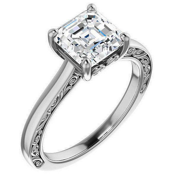 Asscher cut Scroll Accented Engagement Ring