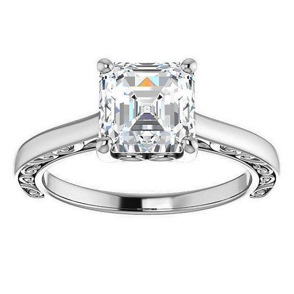 Asscher cut Scroll Accented Engagement Ring