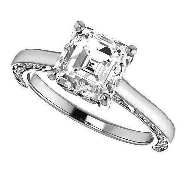 Asscher cut Scroll Accented Engagement Ring