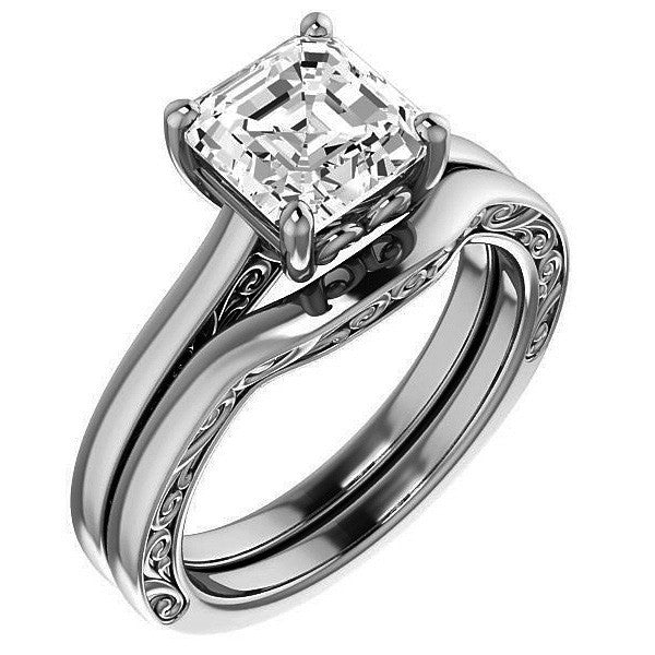 Asscher cut Scroll Accented Engagement Ring