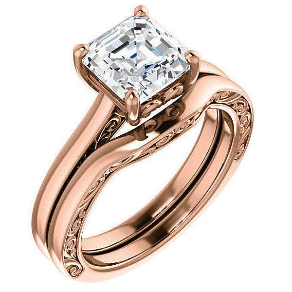 Asscher cut Scroll Accented Engagement Ring