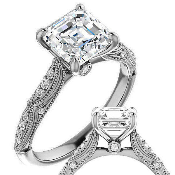 Asscher Moissanite Scalloped Engagement Ring with Milgrain