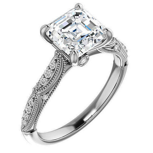 Asscher Moissanite Scalloped Engagement Ring with Milgrain