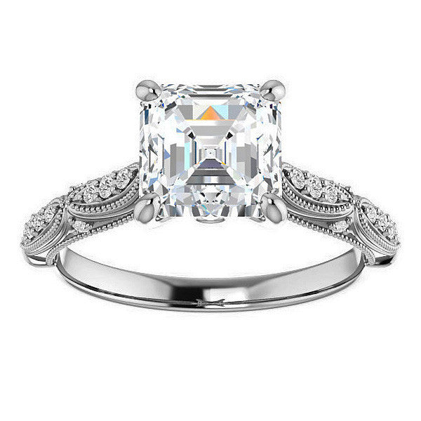 Asscher Moissanite Scalloped Engagement Ring with Milgrain