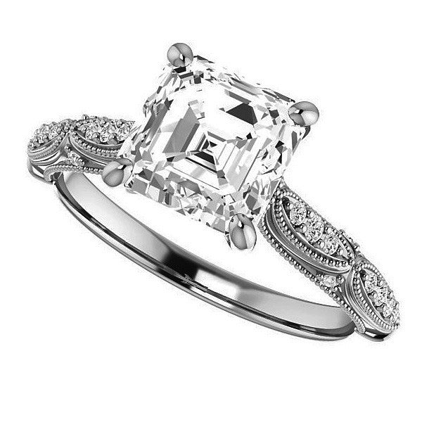Asscher Moissanite Scalloped Engagement Ring with Milgrain