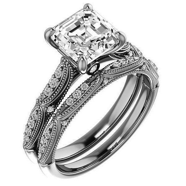 Asscher Moissanite Scalloped Engagement Ring with Milgrain