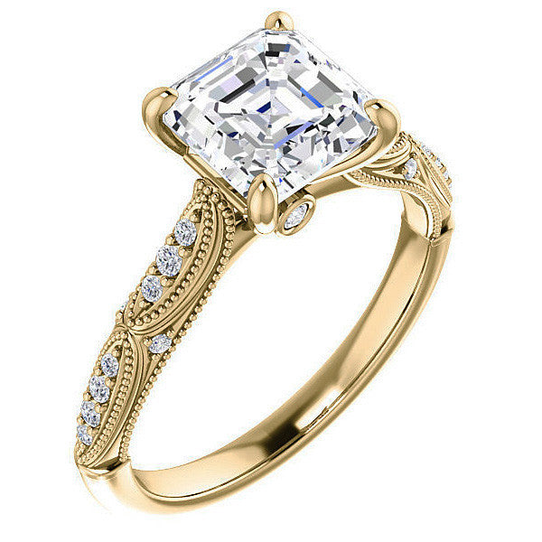 Asscher Moissanite Scalloped Engagement Ring with Milgrain