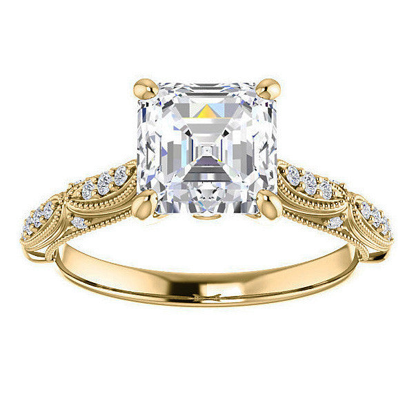 Asscher Moissanite Scalloped Engagement Ring with Milgrain