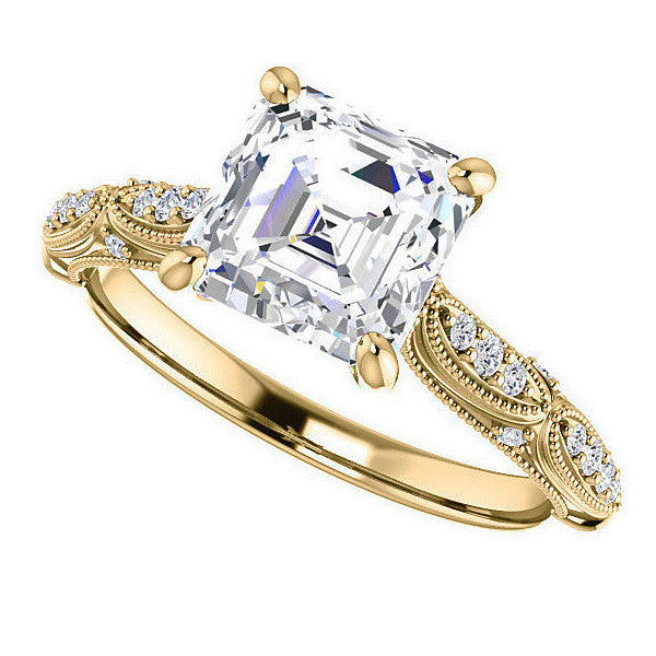 Asscher Moissanite Scalloped Engagement Ring with Milgrain