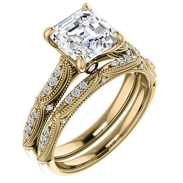 Asscher Moissanite Scalloped Engagement Ring with Milgrain
