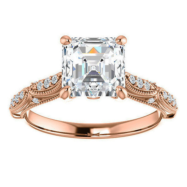 Asscher Moissanite Scalloped Engagement Ring with Milgrain