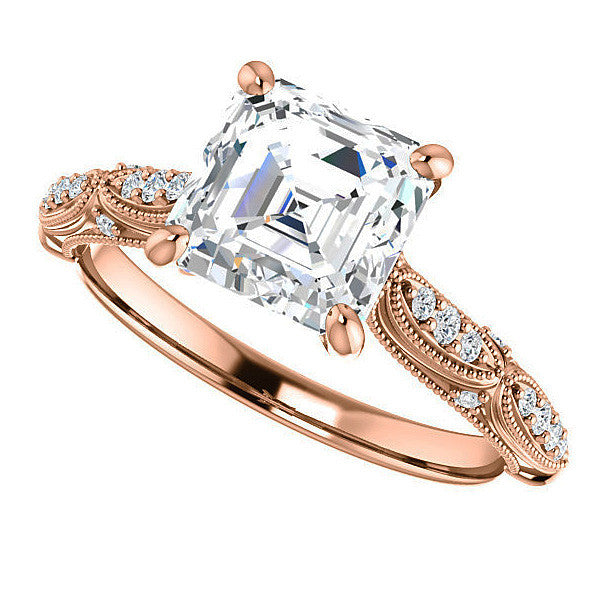 Asscher Moissanite Scalloped Engagement Ring with Milgrain