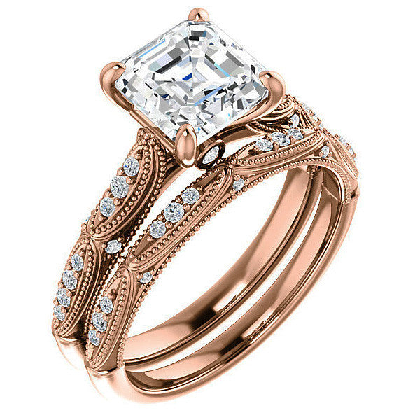 Asscher Moissanite Scalloped Engagement Ring with Milgrain