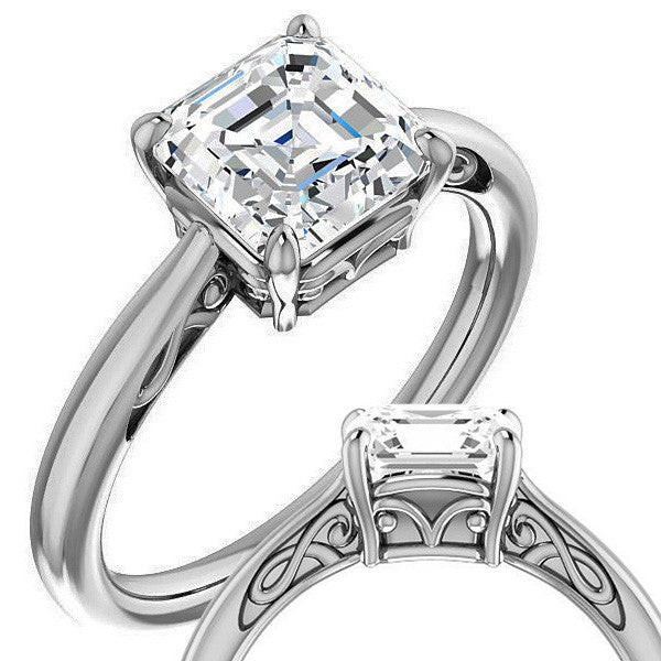 Asscher cut Scroll Solitaire Ring