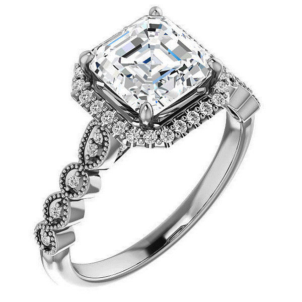 Asscher cut Scalloped Halo Engagement Ring