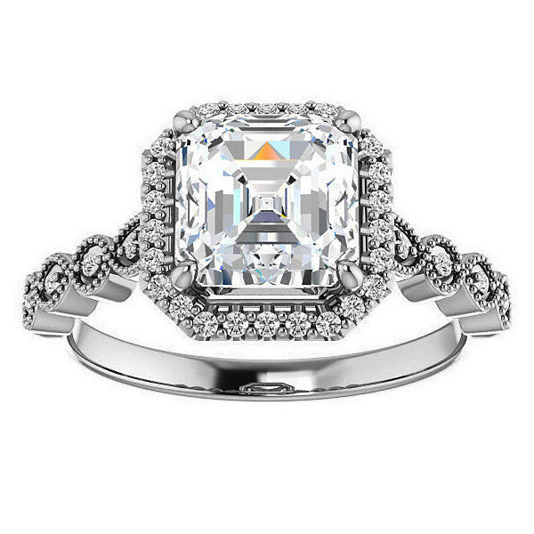 Asscher cut Scalloped Halo Engagement Ring
