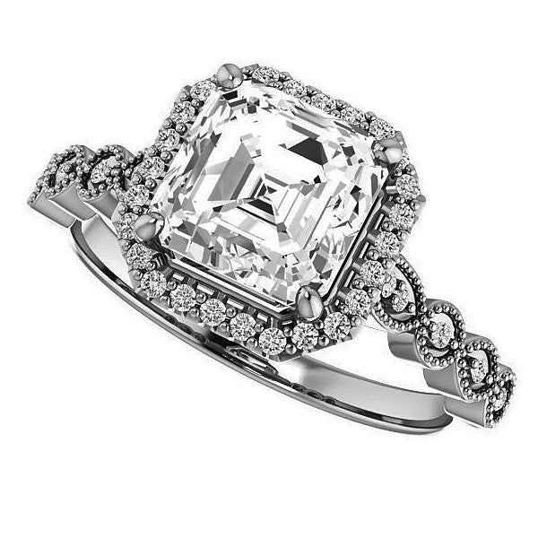 Asscher cut Scalloped Halo Engagement Ring