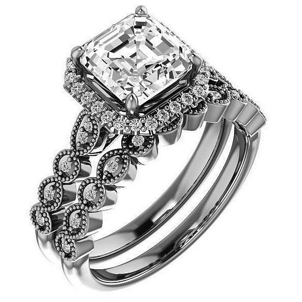 Asscher cut Scalloped Halo Engagement Ring