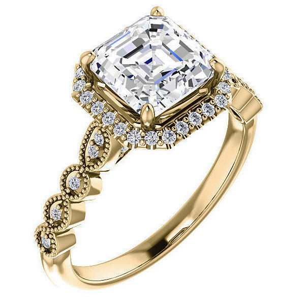 Asscher cut Scalloped Halo Engagement Ring