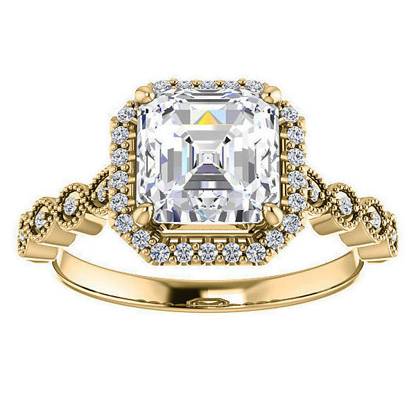 Asscher cut Scalloped Halo Engagement Ring