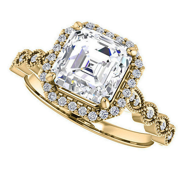 Asscher cut Scalloped Halo Engagement Ring