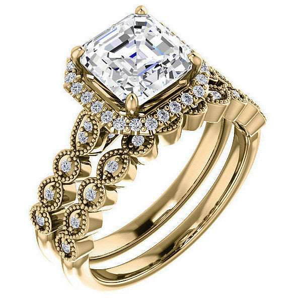 Asscher cut Scalloped Halo Engagement Ring