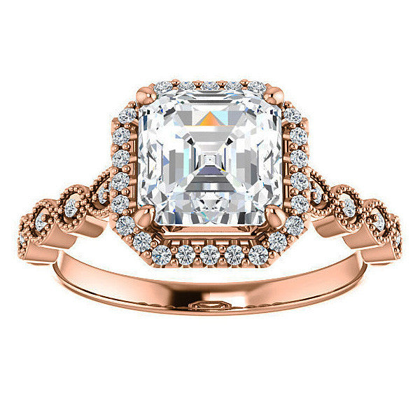 Asscher cut Scalloped Halo Engagement Ring
