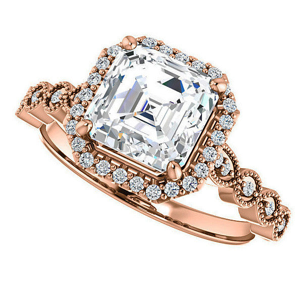 Asscher cut Scalloped Halo Engagement Ring