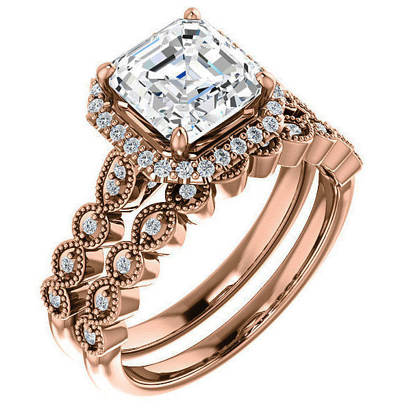 Asscher cut Scalloped Halo Engagement Ring