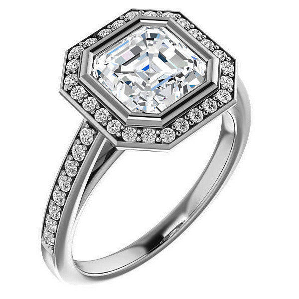 Asscher cut Moissanite Bezel Halo Engagement Ring