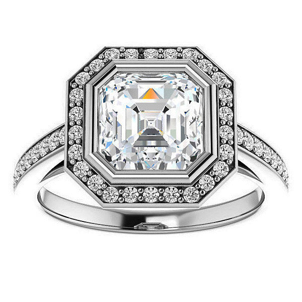 Asscher cut Moissanite Bezel Halo Engagement Ring