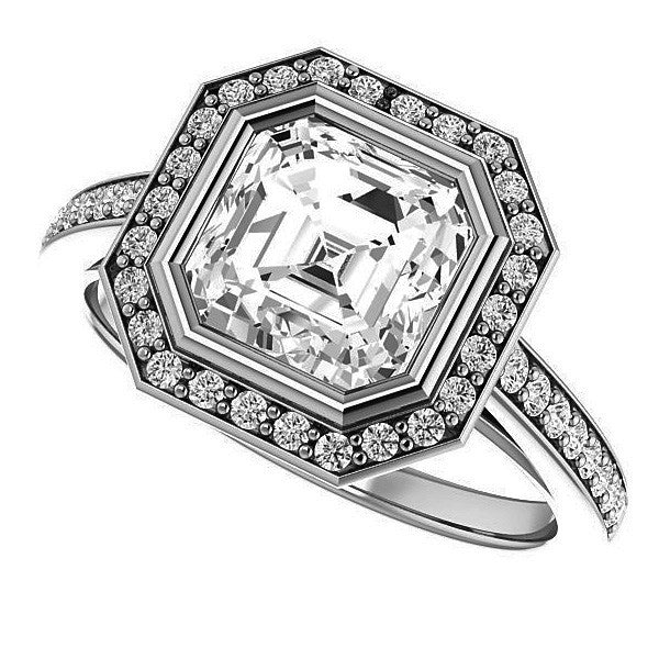 Asscher cut Moissanite Bezel Halo Engagement Ring