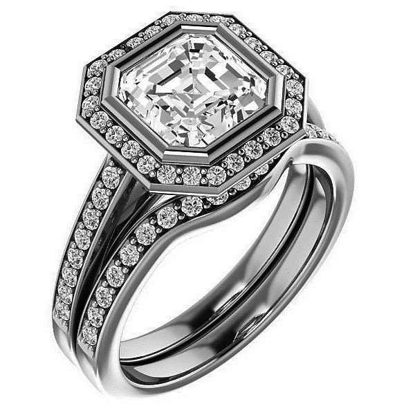 Asscher cut Moissanite Bezel Halo Engagement Ring