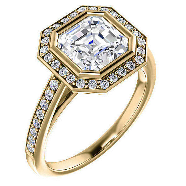 Asscher cut Moissanite Bezel Halo Engagement Ring