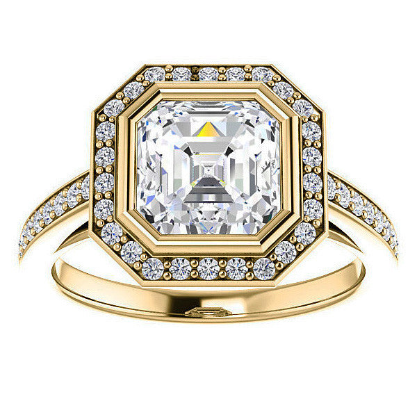 Asscher cut Moissanite Bezel Halo Engagement Ring