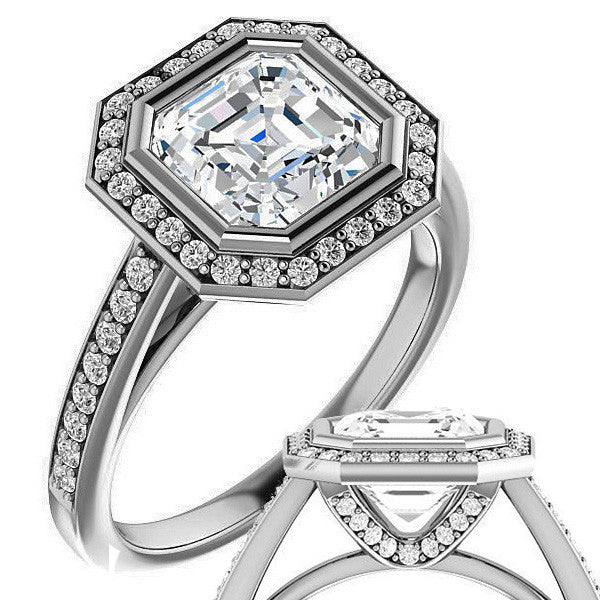 Asscher cut Moissanite Bezel Halo Engagement Ring