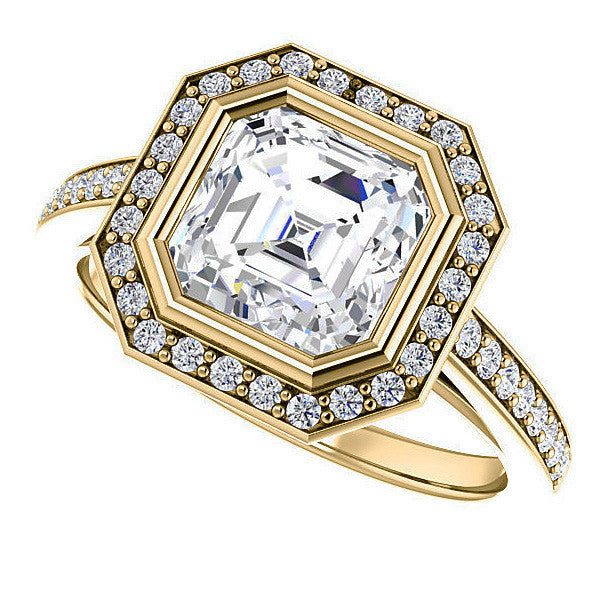 Asscher cut Moissanite Bezel Halo Engagement Ring
