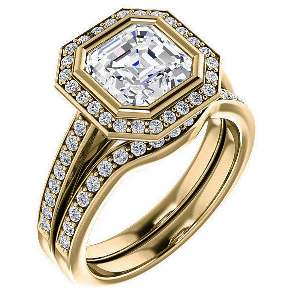Asscher cut Moissanite Bezel Halo Engagement Ring
