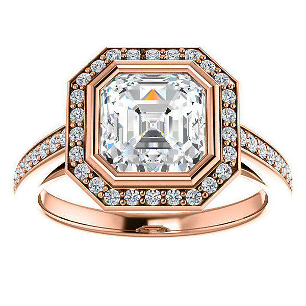 Asscher cut Moissanite Bezel Halo Engagement Ring
