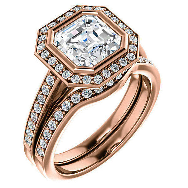 Asscher cut Moissanite Bezel Halo Engagement Ring