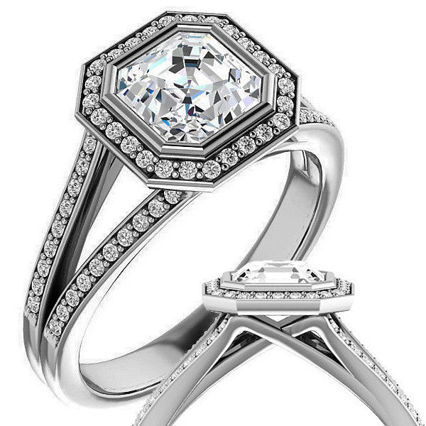 Asscher cut Moissanite Halo Split Shank Cathedral Engagement Ring