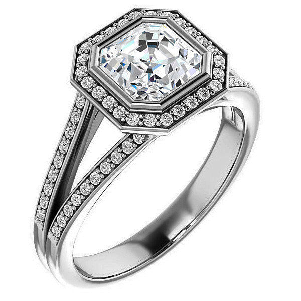 Asscher cut Moissanite Halo Split Shank Cathedral Engagement Ring