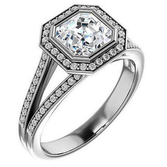 Asscher cut Moissanite Halo Split Shank Cathedral Engagement Ring