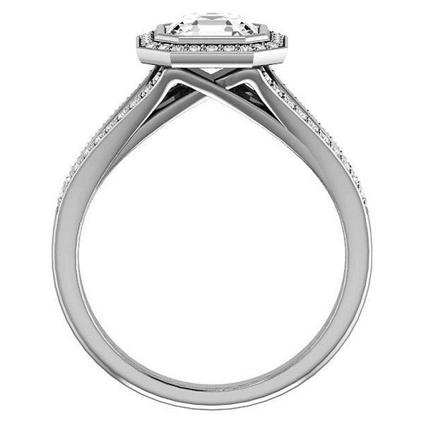 Asscher cut Moissanite Halo Split Shank Cathedral Engagement Ring