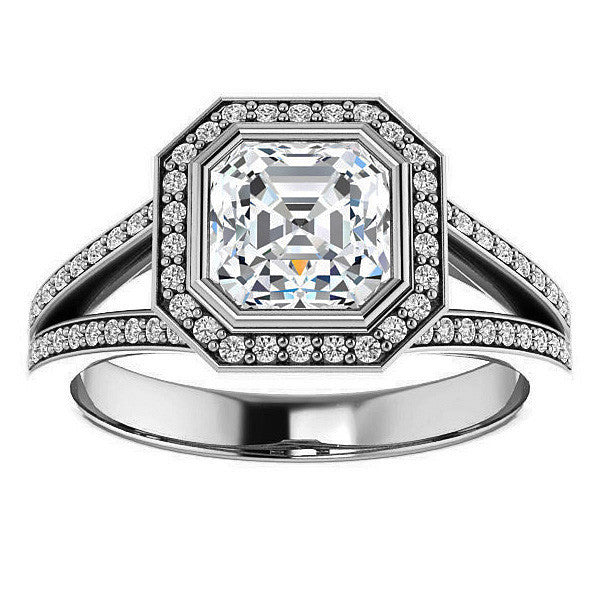 Asscher cut Moissanite Halo Split Shank Cathedral Engagement Ring