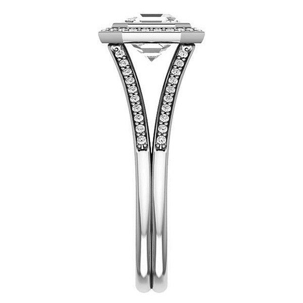 Asscher cut Moissanite Halo Split Shank Cathedral Engagement Ring
